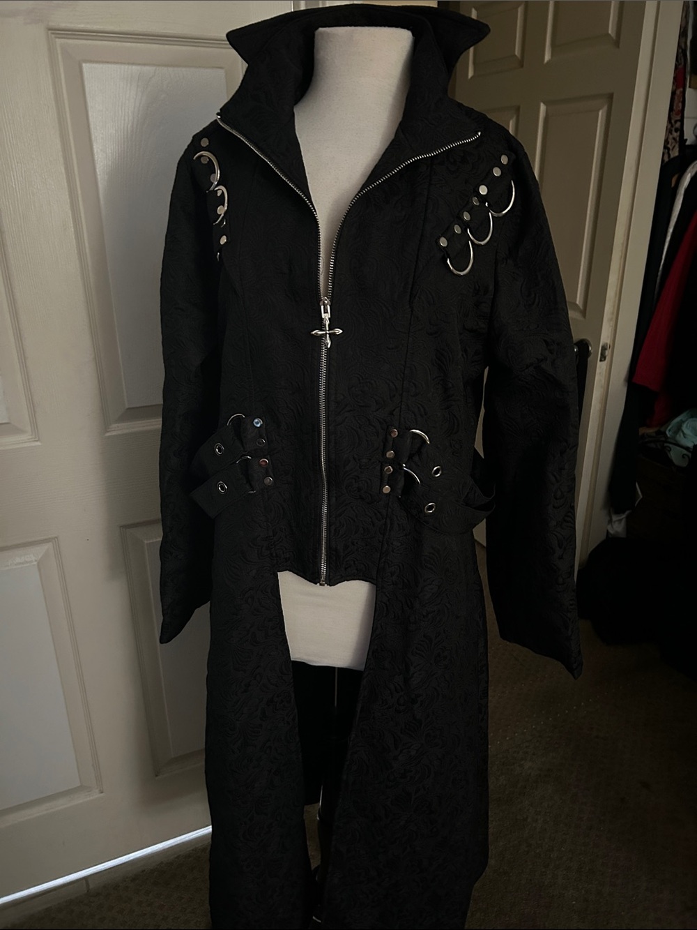 Costume Black Gothic Long Coat with Metal Ring Details.